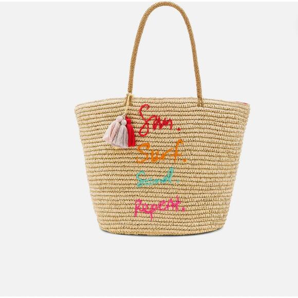 Rebecca Minkoff Sun Surf Sand Repeat Straw Tote Summer Beach Natural Tassels Fun - Picture 9 of 9